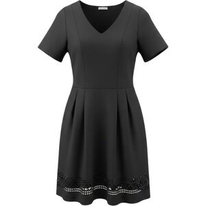 NY Collection Woman Black V-Neck Laser Cut Hem Pleated Dress 1X ZNKD0332